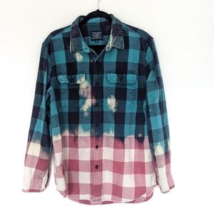 American Eagle Dip Dyed Plaid Flannel Shacket Shirt Unisex Blue Green Pink Lg